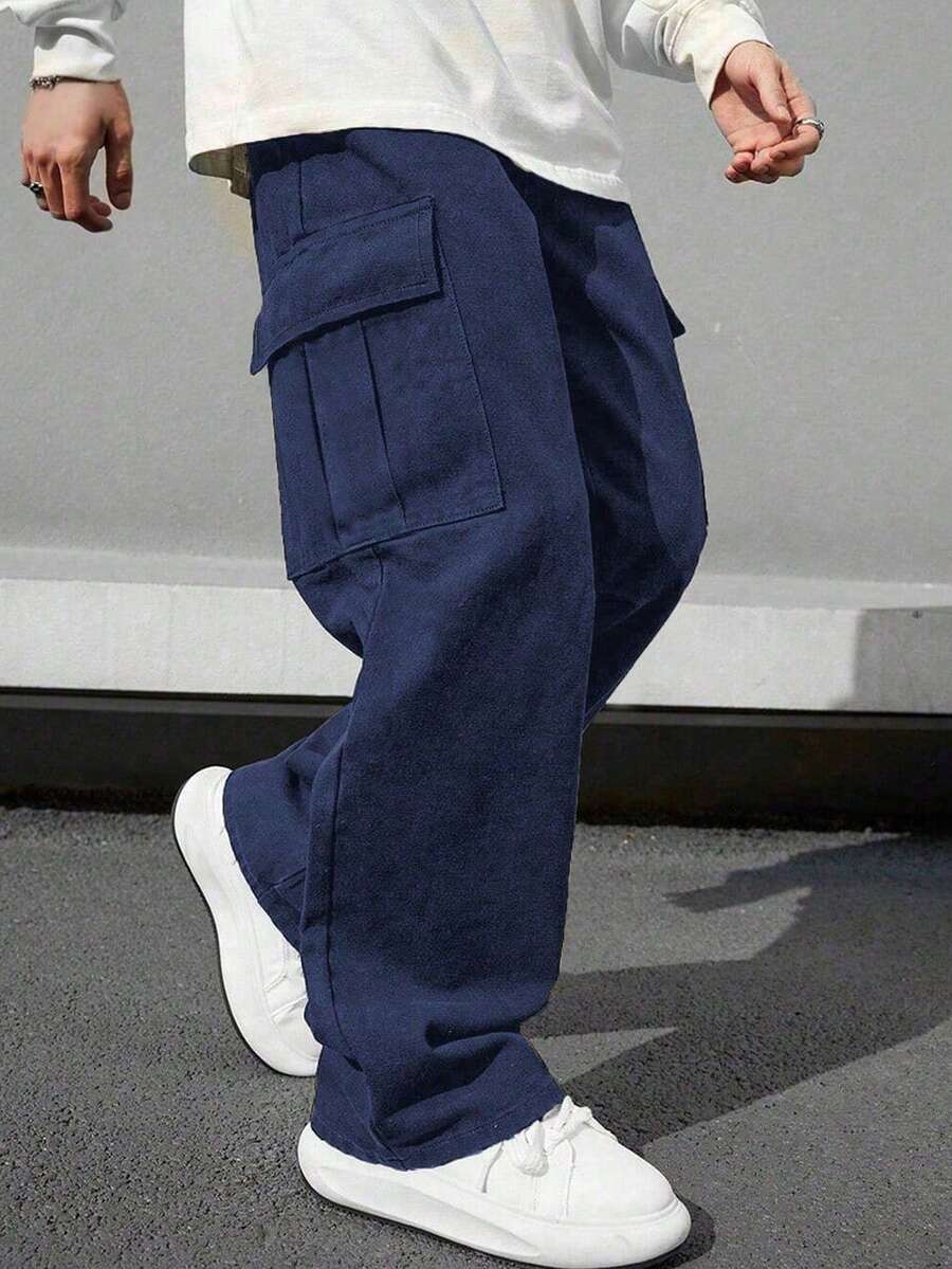 1 pieza Pantalones cargo minimalistas vintage para niños preadolescentes, adecuados para entrenamiento, actividades al aire libre, primavera/otoño - Azul - Ver 1