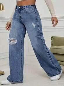 Women's Plus-Size Denim Jeans For Winter, Woven Fabric, Non-Stretch, With Pockets, Comfortable Denim Fabric, Women's Christmas Clothing. - Blue - View 3