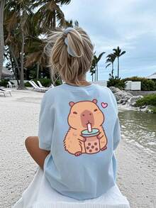 女童和青少年学生休闲印花浅蓝色圆领短袖T恤上衣，夏季