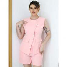 Conjunto Feminina Moda Festa Colete E Short  Colete Max Com  Botões Na Frente  Alfaiataria Twill Moda Elegante - Rosa chiclete - Visão 1