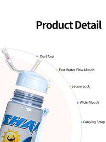 1pc 750ml/26oz Shan Hai Jing Themed Plastic Straw Water Bottle, With Handle Strap, Leak-Proof Mouth, Portable & Durable, Spill-Proof When Inverted, Suitable For Running, Cycling, Travel, Holiday & Birthday Gifts - Multicolor - View 5