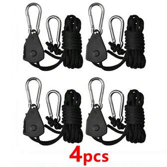 LOTANK 4pcs Retractable Heavy Duty Ratchet Tie Down Straps, Rope Pulley System Bungee Cord With Carabiner Hook For Hanging Plants/Grow Light/Tents Various Tie-Down Uses