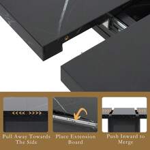 Modern Rectangular Dining Table, 120cm-160cm, Extendable, With Printed Black Marble Top + MDF X-Shaped Table Leg With Metal Base - Black + Glass + MDF+Steel + Primary Living Space - View 9