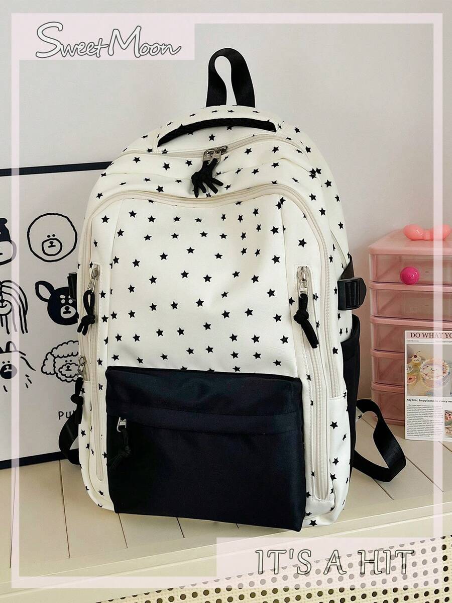 1 pièce Sac à dos décontracté en nylon noir et blanc avec imprimé étoile tout-sur-tout, compartiments multiples, fermeture éclair lisse, grande capacité, pliable, résistant à l'eau, sangles d'épaule réglables, convient pour un usage quotidien, l'école, l'entraînement, les déplacements, les courses, les voyages, cadeau pour les filles et les femmes