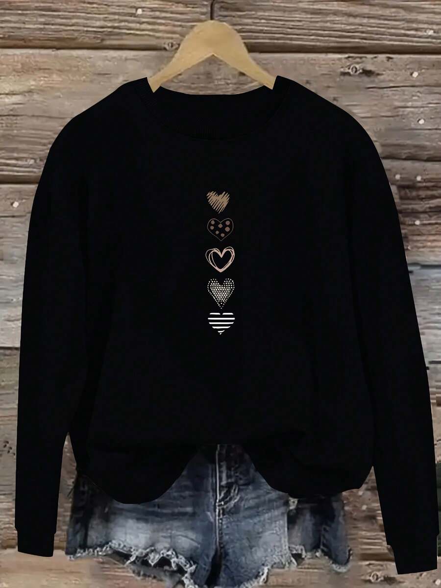 2025 New Women's Sweatshirt Casual Long Sleeve Sweater For Women Da Er Ling - Green Heart Print, Round Neck Machine Washable Regular Fit For Autumn Wi - 黑色 - 查看 1
