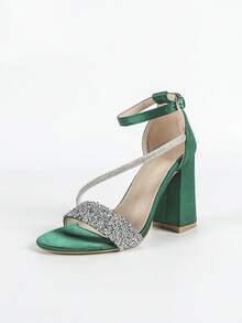 SOLE STORY Women's Sparkling Rhinestone Decorated Ankle Strap Open Toe Chunky Heel Sandals, Party Style, Suitable For Weddings And Other Occasions, Green Satin High Heel Sandals - Green - View 6