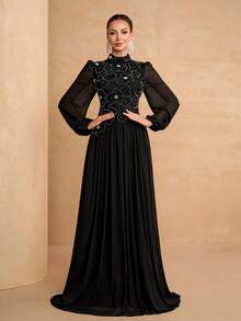YISIKADO Đầm chiffon đính cườm hoa 3D, tay dài, cổ cao, kiểu dáng thanh lịch, thích hợp cho tiệc trà, dự đám cưới, lễ tốt nghiệp, hòa nhạc, tiệc chiêu đãi và các dịp khác. Màu đen mùa xuân. - màu đen - Xem 2