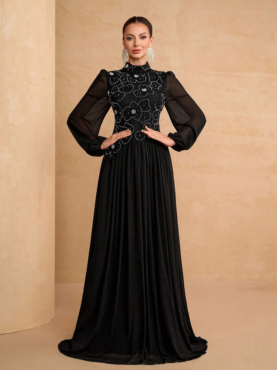 YISIKADO Đầm chiffon đính cườm hoa 3D, tay dài, cổ cao, kiểu dáng thanh lịch, thích hợp cho tiệc trà, dự đám cưới, lễ tốt nghiệp, hòa nhạc, tiệc chiêu đãi và các dịp khác. Màu đen mùa xuân.