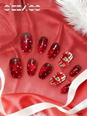 Original Design, Handmade, Acrylic Press On Nails (10 Pieces), Cat-Eye Strawberry And Bow Patterns, Red Nails, Cat-Eye Glitter Effect, Press On Short Nails, Innovative Solid Color Design, 3D Bow Metal Decoration - Quick Nail Art Kit. Cute Style, Perfect Match For Outfits. Transform Your Look With Artistic Nails. Ideal For Small Makeup Travel Bags.
