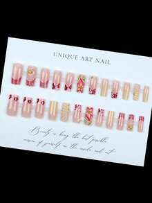 24 Pieces Per Set, High Cost Performance, Personalized And Fashionable Artificial Nails, Bright French Floral Square Design, 3D Water Diamond Metal Bead Decoration, Suitable For Ladies And Girls, Perfect For Parties, Dates And Vacations. Including Nail Care Tools. Change The Shape Of The Nails. Nail Care Products. Nail Art Tools. A Beginner In Manicure - 彩色 - 查看 3
