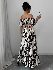 Vestido casual de mujer sin hombros con estampado(Diseño con lazo trasero), Vestidos largos elegantes para mujer, perfectos para las vacaciones de verano - Negro - Ver 7