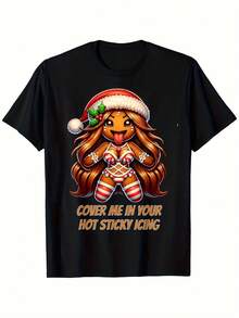 Camiseta Navideña para Hombre, Divertida y Sexy, Mujer de Jengibre "Cúbreme en tu Hielo Caliente y Pegajoso" - Ajuste Sobredimensionado, Gráfico de Jengibre y Rayas de Caramelo, Camiseta Casual de Manga Corta Transpirable para Uso Todo el Año, Fiestas Navideñas y Atuendos Diarios (S-XL) - Hum - Negro - Ver 2