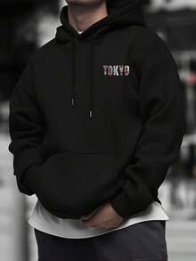 Men's Casual Tokyo Pattern Printed Hooded Sweatshirt - Bright Green Japanese Slogans And Landmarks Regular Version Long-Sleeved Pul Spring And Autumn Machine-Washable Urban Street Style Tokyo Themed Clothing Loose And Comfo Hoodie For Women Sweatshirts For Women Hoodies For Men 's Hoodie Sweatshirts For Men - 黑色 - 查看 2