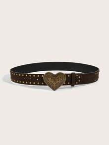 1pc Vintage Alloy Buckle Printed PU Leather Belt, Suitable For Western Cowgirl Style - Coffee - View 2