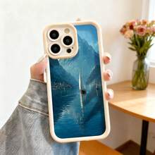 Cubierta de teléfono con borde negro diseño paisaje lacustre con barco y montañas azul profundo para uso diario y viajes - Café integral - Ver 4