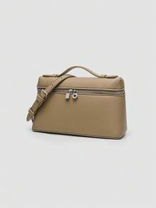 1 pieza Bolso de hombro cuadrado de unicolor con textura de grano de litchi en PU, pequeño bolso de mano para mujer, adecuado para combinar con diaria, salidas, compras, fiestas, bol - Caqui - Ver 3