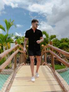Men's Short-Sleeve Shirt With Mandarin Collar And Linen-Look - Assorted Colors - Comfortable - Black - View 3