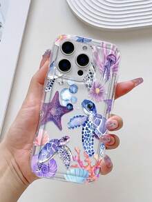 1 pieza Funda de teléfono a prueba de golpes con cobertura completa, de PVC inflable con diseño de tortuga marina y coral de color morado, compatible con iPhone 16, 15, 14, 13, 12, 11 Pro Max, Series, versión internacional, no la versión nacional - Multicolor - Ver 4