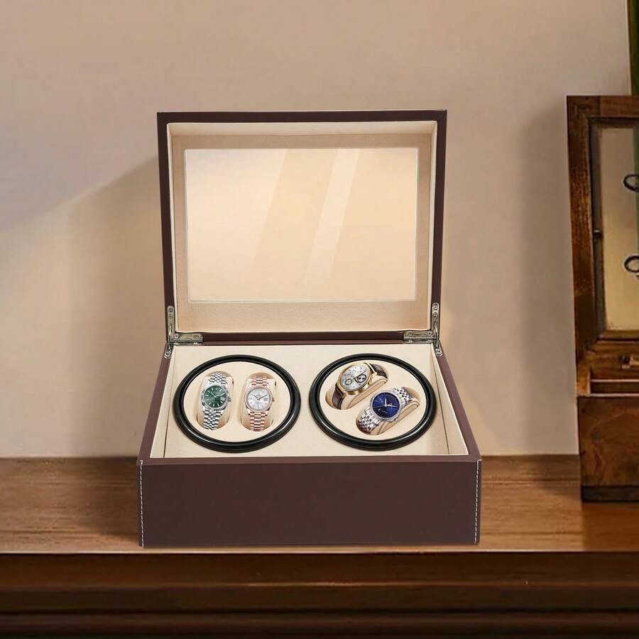 4+6 Automatic Watch Winding Box Deluxe PU Leather Watch Display Organizer - Brown - View 1