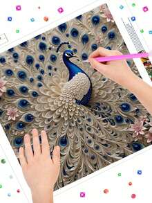 1件孔雀钻石画套装，5D DIY全圆形水钻浮雕马赛克工艺品，手工创意礼品，家居装饰墙画，无框画布，圆形钻石画套装，艺术休闲之选 - 彩色 - 查看 6