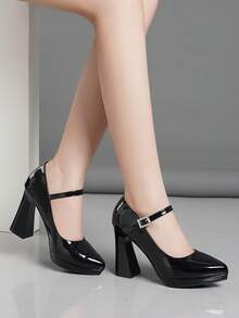 女士高跟鞋，带绑带粗跟，超高跟，粉色、杏色、裸色、酒红色、黑色、白色、红色、银色、金色、棕色，时尚女鞋