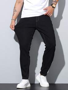 1pc Men's Stretchy Jeans, Korean Fashion Slim Fit Casual Pants - Black - View 4