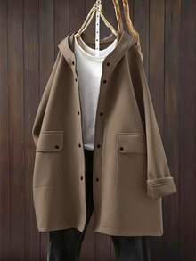 Women's Casual Minimalist Solid Color Pocket Front Button Hoodie Jacket, Daily Wear - Brown - View 1