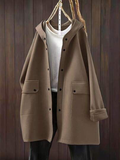 Women's Casual Minimalist Solid Color Pocket Front Button Hoodie Jacket, Daily Wear