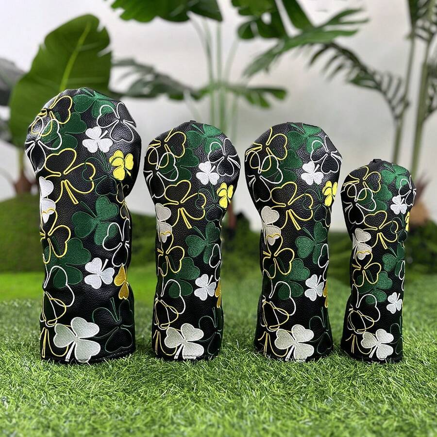 1pc's Black Fashionable Floral Four-Leaf Clover Design Golf Club Cover Is Suitable For Both Male And Female Outdoor Enthusiasts. Made Of Durable Materials, It Offers The Best Protection For Your Golf Clubs - Black - View 1