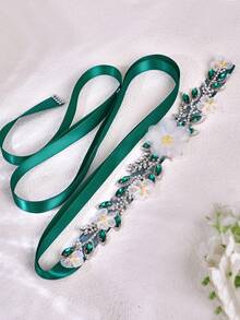 قطعة واحدة حزام زفاف بوهيمي مزخرف بالزهور على الطراز الكوري، شريط خصر مثالي لعيد الحب، إكسسوار خصر للعروس وصبايا العروس، إكسسوار لإطلالة عيد الميلاد - الشريط الأخضر - مشاهدة 1