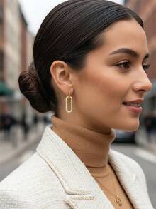 2pcs Geometric Double Loop Copper Cubic Zirconia Inlaid Earrings For Women, Suitable For Daily Wear, Dating And Parties, Gifts - Yellow Gold - View 7