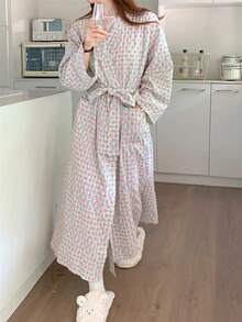 1pc Women's Robe - Minimalist European Style Long Sleeve Sleepwear, Cute Heart Pattern, Lightweight Fabric, Solid Color, Suitable For Spring, Autumn And Summer Home, Bedroom Casual Pajamas - Grid Little Heart - View 11