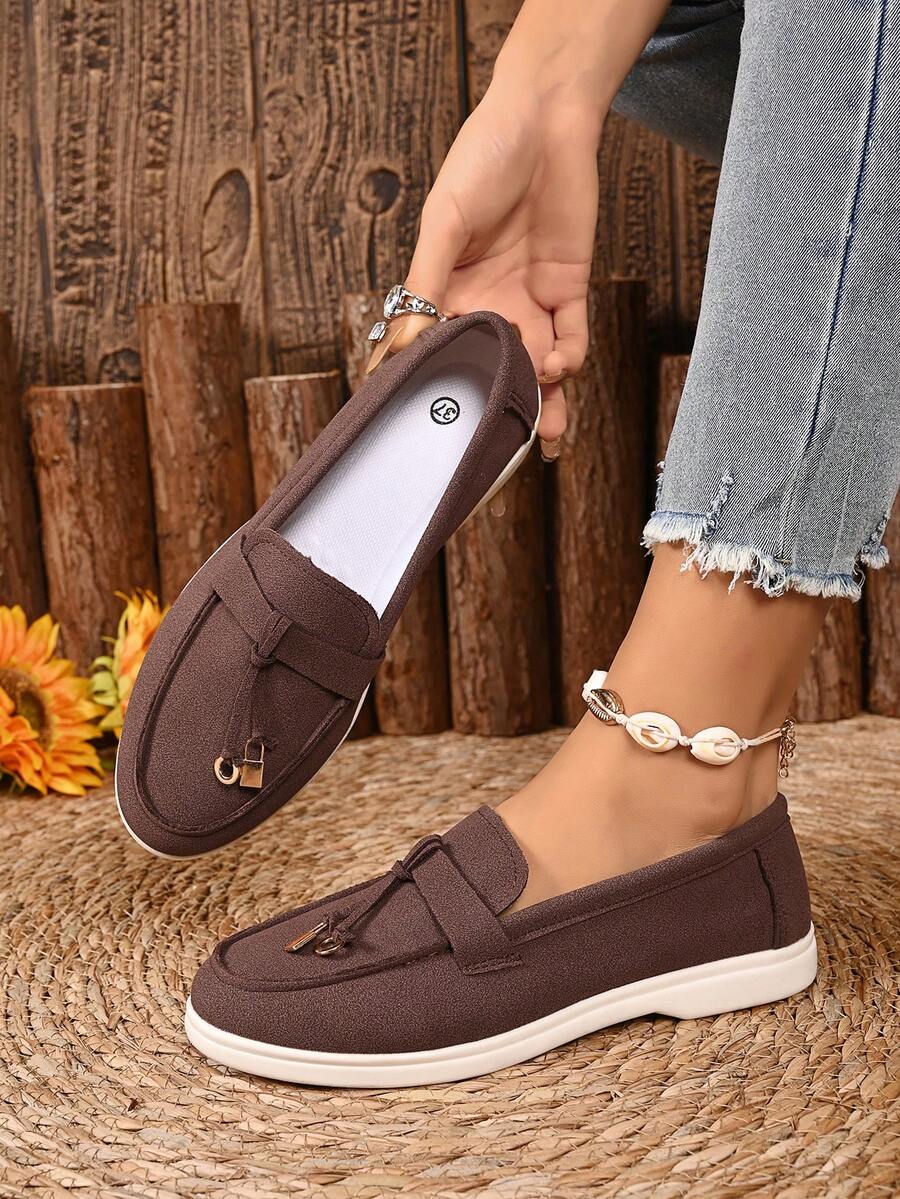 Women's Black & White Two-Tone Tassel Loafers - Comfortable Slip-On Flats, Stylish Casual Commute Shoes - Brown - View 1