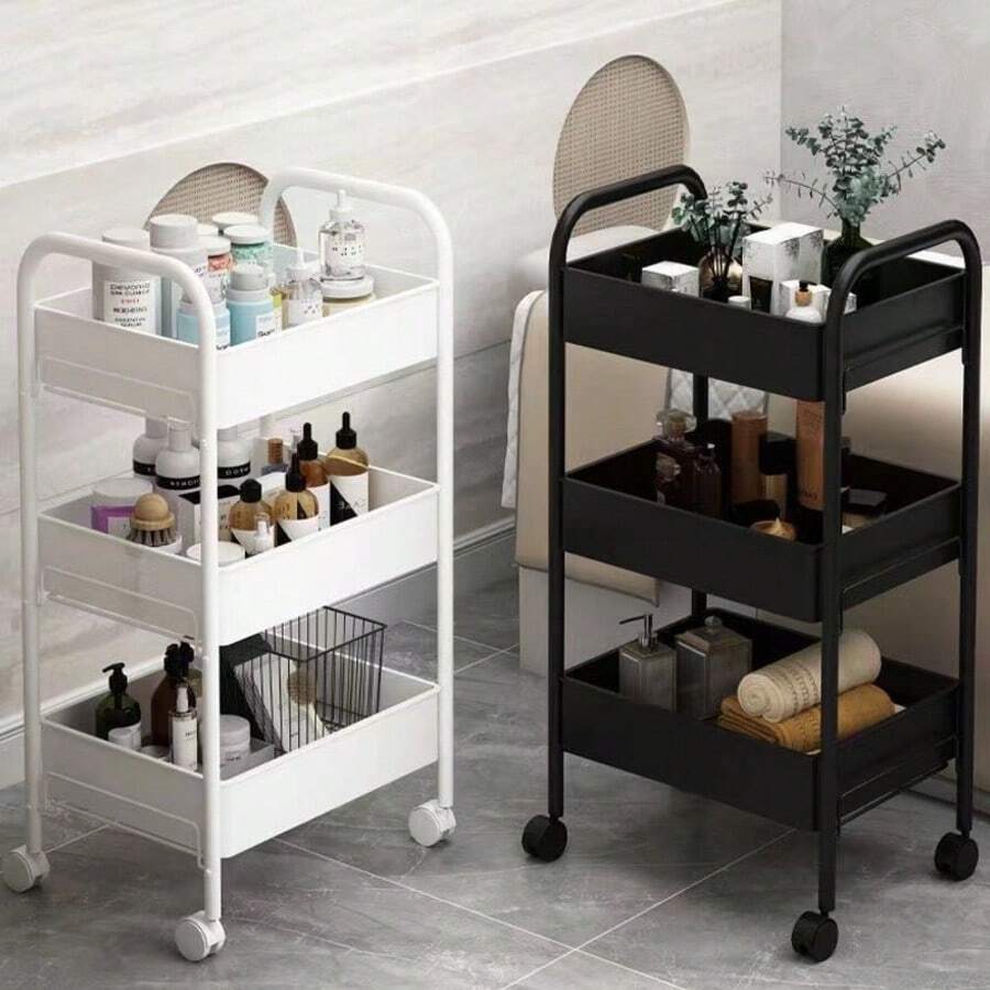Carrito de almacenamiento de varios niveles, material de plástico, de pie, con tubería dorada incluida, adecuado para cocina, baño, dormitorio, sala de estar, unidad de estantería vertical