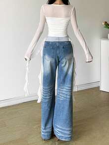 YeonC Mesh Long Sleeve Square Neck Fitted Tassel Patchwork Solid Color Versatile Blouse - White - View 2