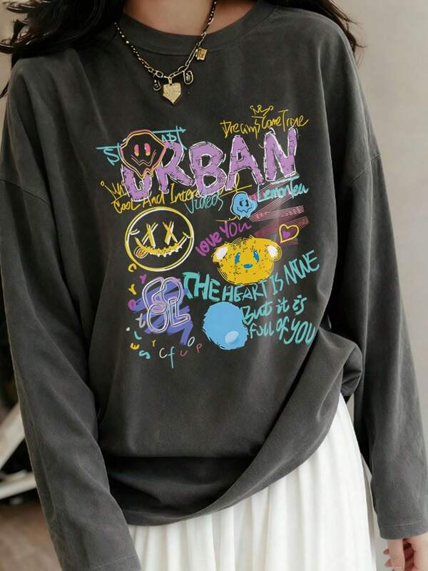 1 pieza Camiseta de manga larga con estampado casual para niñas preadolescentes, capa superior cálida y cómoda, adecuada para estudiantes jóvenes, estilo callejero/moda/Y2K/hip-hop/graffiti/personalizada, primavera/otoño/invierno