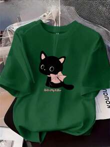 Camiseta Feminina Gata Perfeita Blusa Malha Algodao Blusinha Gola Redonda Modelo Em Alta Estampada 100% Algodao - Verde Militar - Visão 1