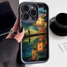 Cubierta de telefono para iPhone 14 Pro Max negra con estampado artistico de paisaje urbano reflejado en agua diseño moderno y elegante ideal para uso diario y estilo urbano - Negro - Ver 2