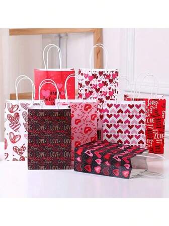 8pcs/Pack Assorted Color Heart Shaped Gift Bags, Valentine's Day Decoration Tote Bags, Gift Wrapping Paper Bags, DIY Packaging Bags