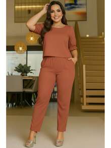 Women's Crepe Set Larisa - Traditional Pants And Blouse - Cool Knit Fabric - Excellent Fit - 赤土陶 - 查看 2