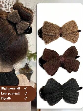 6个装针织羊毛蝴蝶结发夹，适合女孩的波波头发型配饰，独特时尚，优雅爪夹，时尚发爪，休闲发夹