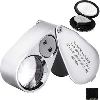 40X Metal Pocket Magnifier With Lights - Slivery Foldable LED Illuminated Jewellers Magnifying Glass Portable Eye Loupe For Jewelry Plants Coins Gems Watches Stamps OS16