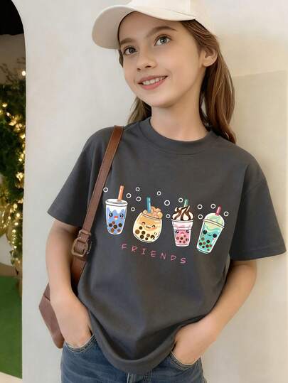 1PC Girls Sweet & Cute Bubble Tea Print Short Sleeve T - Shirt, Comfortable And Breathable, Summer Daily Casual Wear