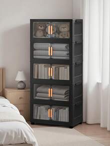 1pc 15.7-23.6 Inch Wide Foldable Plastic Storage Cabinet, Kitchen Pantry Organizer, Living Room Toy Shelf, Bedside Nightstand, Christmas Gift, Storage Box - Black Transparent - View 2
