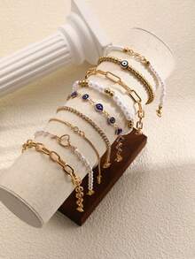 9pcs Elegant Faux Pearl & Crystal Heart, Evil Eye Bracelet Set, Fashion Jewelry Gift For Women, Suitable For Date, Party, Birthday, Holiday, Everyday Wear - Yellow Gold - View 6