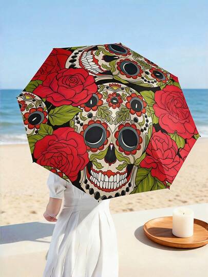 Guarda-chuva Dobrável com Crânio e Flor, Decoração Criativa, Viagem Leve, Portátil, à Prova de UV, à Prova de Chuva, à Prova de Vento, Resistente, Sombra Externa, Ofuscamento Solar, Presente de Halloween e Natal, Unissex