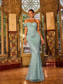 Faeriesty 优雅亮片单肩美人鱼晚礼服，饰以斜向串珠肩带和层叠扇形串珠——柔和低调的色调，挺括的廓形，适合婚礼、盛大晚宴、舞会和正式晚宴派对。 - 薄荷綠 - 查看 5