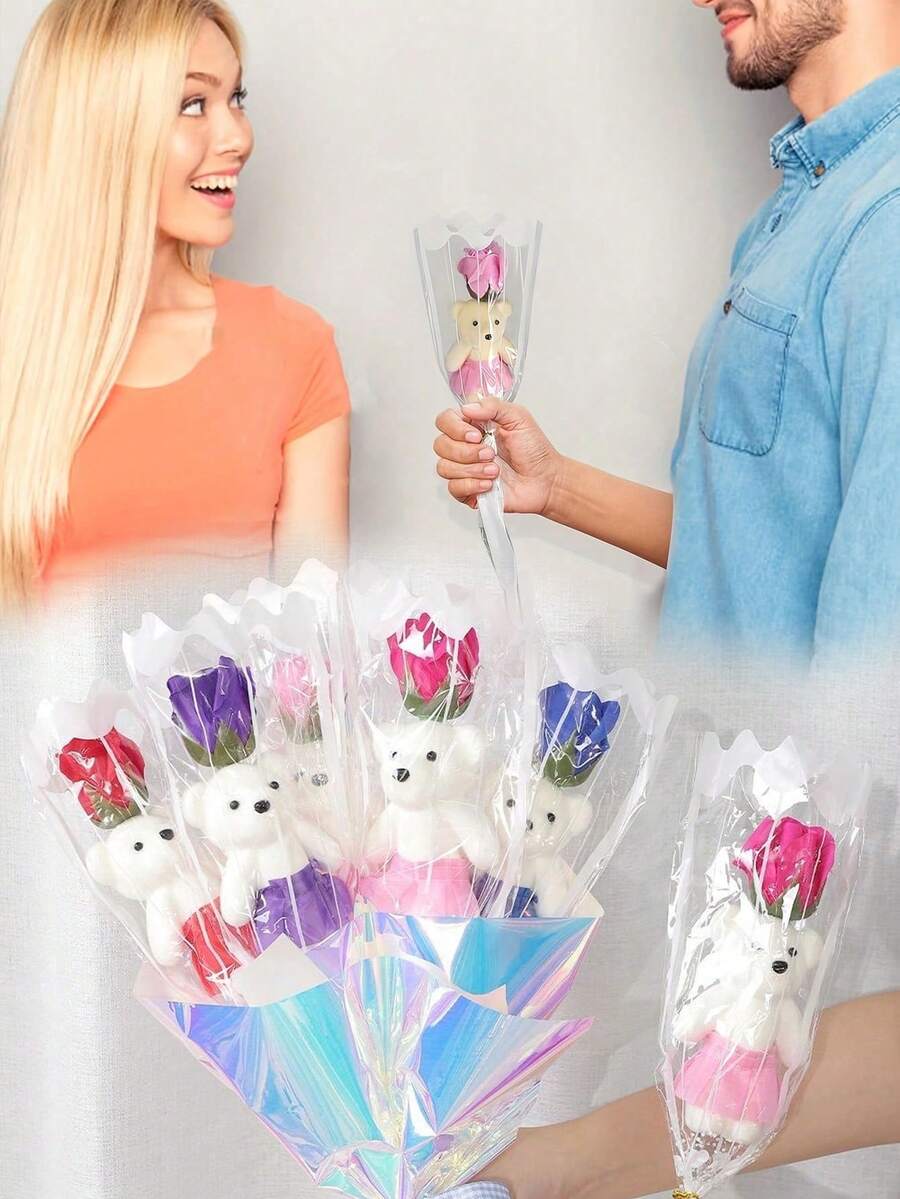 1个仿真玫瑰花香皂，配有小熊图案，适合作为情人节礼物、婚礼装饰、家居节日装饰、周年纪念、返校活动和生日礼物。