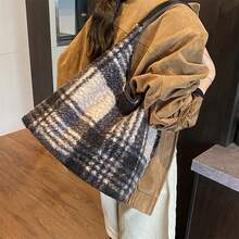 Bolso de mano a cuadros para mujer, moderno y de gran capacidad, de terciopelo, ideal para viajes diarios. - Negro - Ver 2
