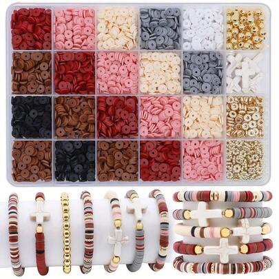 2040/2600pcs/Set Clay Beads Bracelet Making Kit - Soft Clay Beads, Golden Spacer Beads, Red, Pink, Brown, Cross Pendants, Perfect For Friendship Bracelets And Jewelry Making, Gift To Friends
